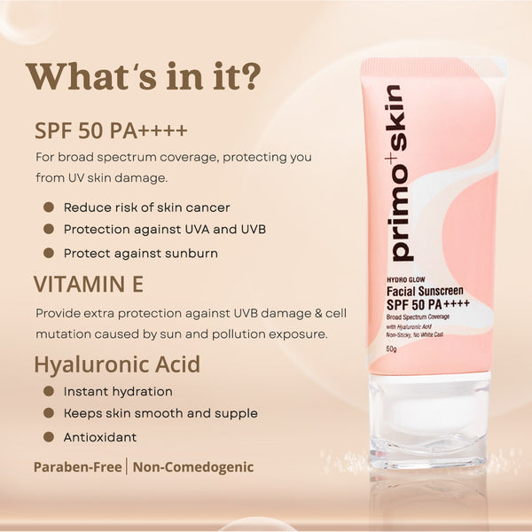 Primo+Skin Hydro Glow Facial Sunscreen (SPF 50 PA++++) w/ Hyaluronic Acid 50g